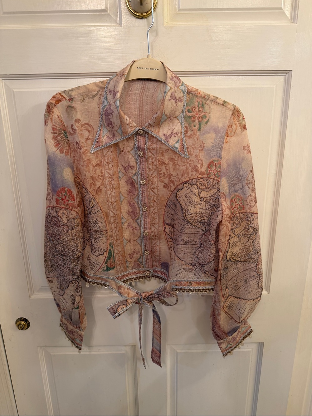 Rich Radi Q’s New York Linen Sheer Map-Print Tie-Front Blouse - Multi Pastel